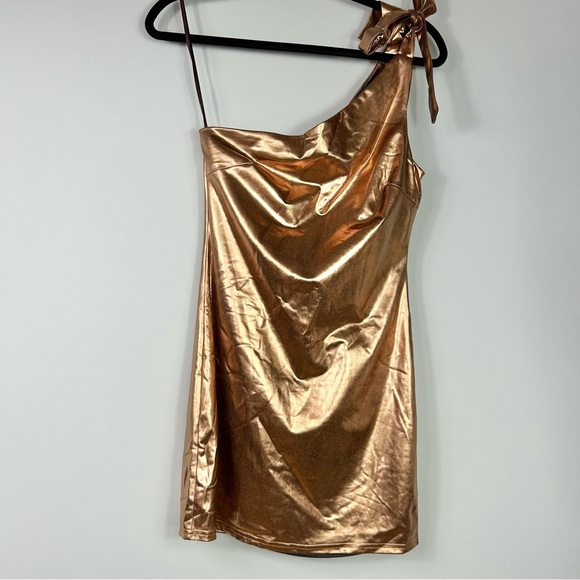 NWT Wild Honey Bronze Gold One Shoulder Mini Dress - Picture 2 of 7